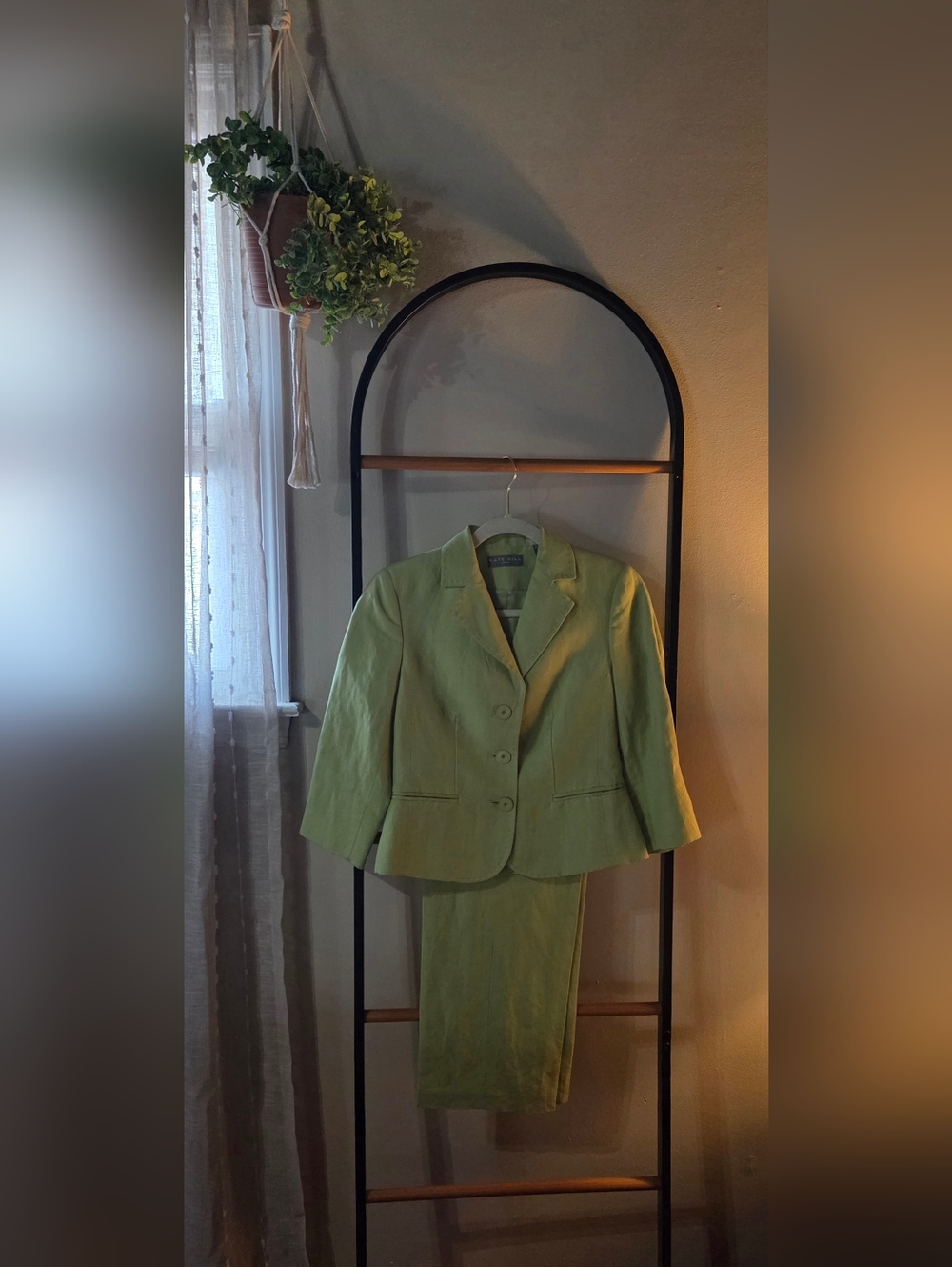 Linen Blend Tailored Blazer & Wide-Leg Pant Set - Lime Green 6P - Picture 2 of 12